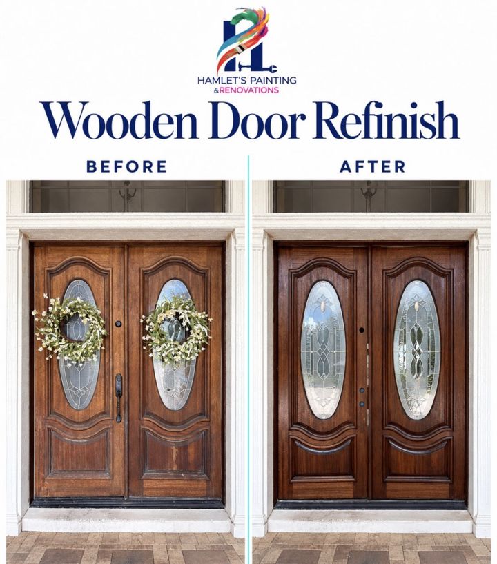 Wooden front door refinish before and after by Hamlet's Painting